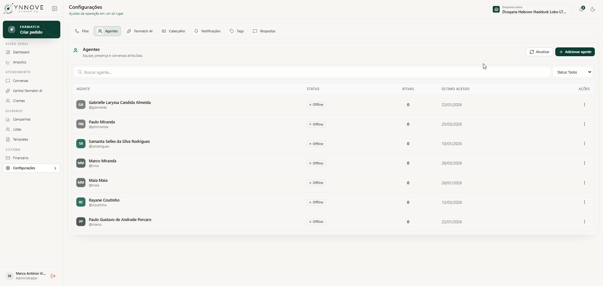Abra as configurações de agentes e cadastre um novo integrante.